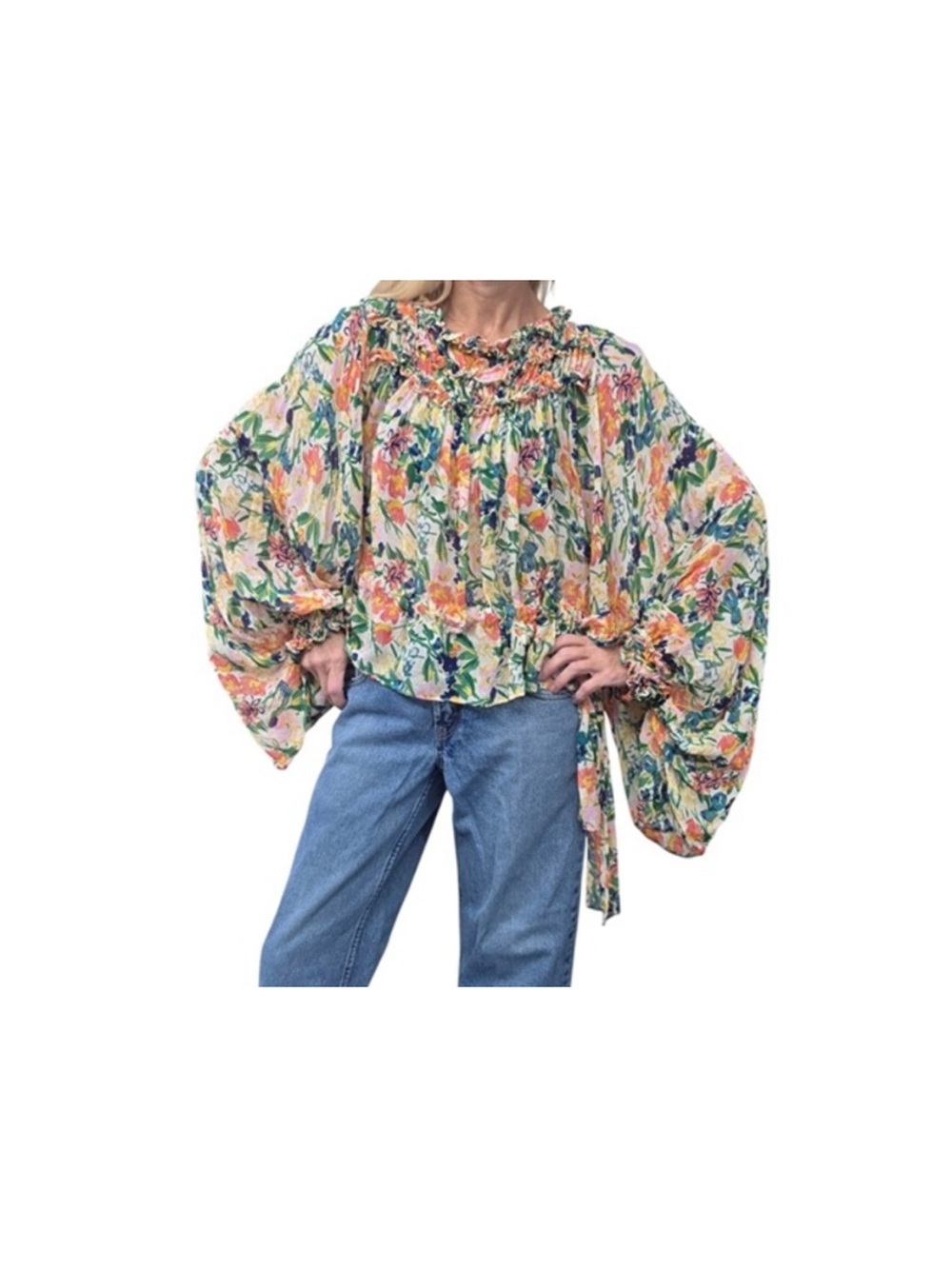 Ted Baker Floral Smocked Balloon-Sleeve Blouse in Green, Pink & Orange